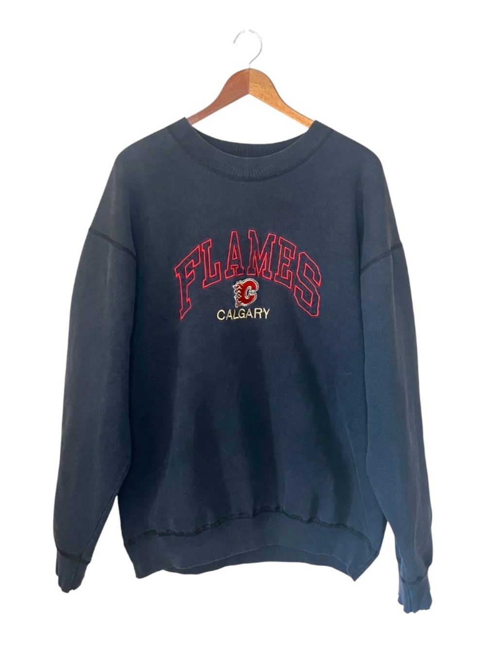 Vintage 90s Puma Calgary Flames NHL Canada Hockey Embroidered Sweatshirt L
